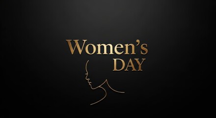 Obraz premium Elegant golden women's day typography with a minimalist female silhouette on a sophisticated black background.