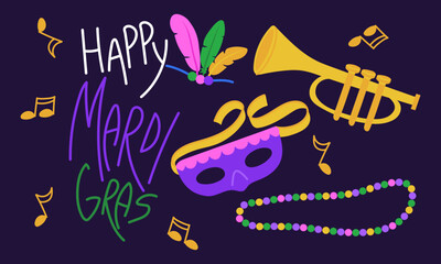Happy Mardi Gras horizontal banner with carnival mask, trumpet, musical notes and beads. Flat illustration for holiday party posters, festival greeting cards or Fat Tuesday event invitations