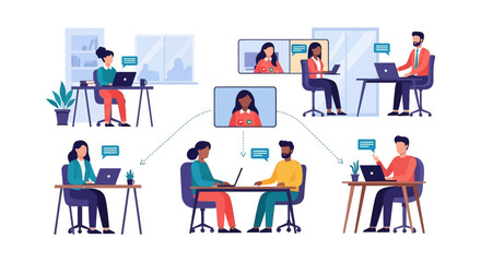 Fototapeta premium Global Remote Team Collaboration: Diverse Professionals in Online Meetings and Digital Workspaces, Facilitating Seamless Communication.