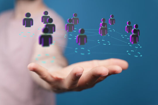 Hand holding digital human network illustration. Represents connection, communication, social media, teamwork, and glob