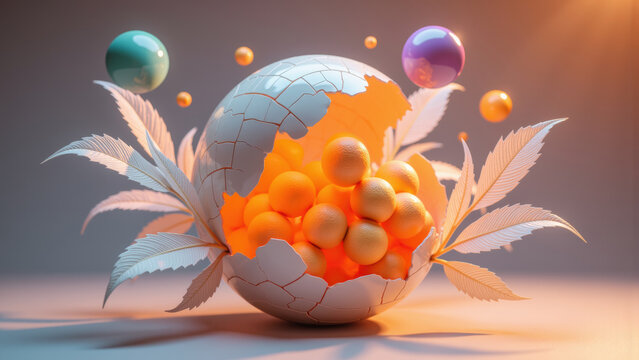 Surreal orange sphere cluster inside cracked white egg with abstract leaves and floating colorful balls, soft lighting, creative concept art