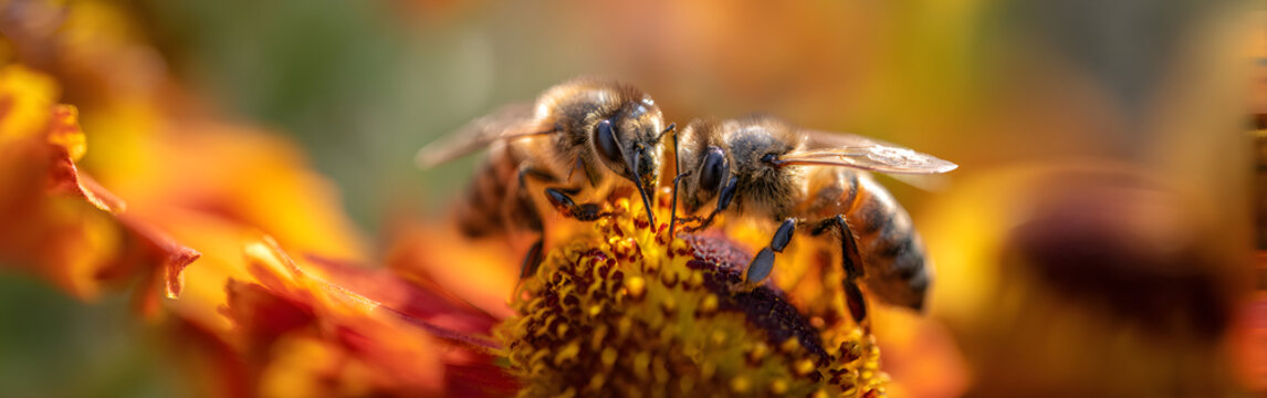 Bees (apis mellifera) are pictured close up on helenium flowers.