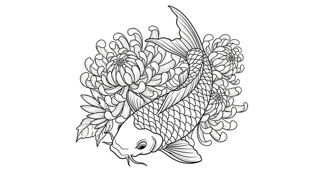 Koi Fish and Chrysanthemum Flowers, Japanese Tattoo Design, Line Art Illustration