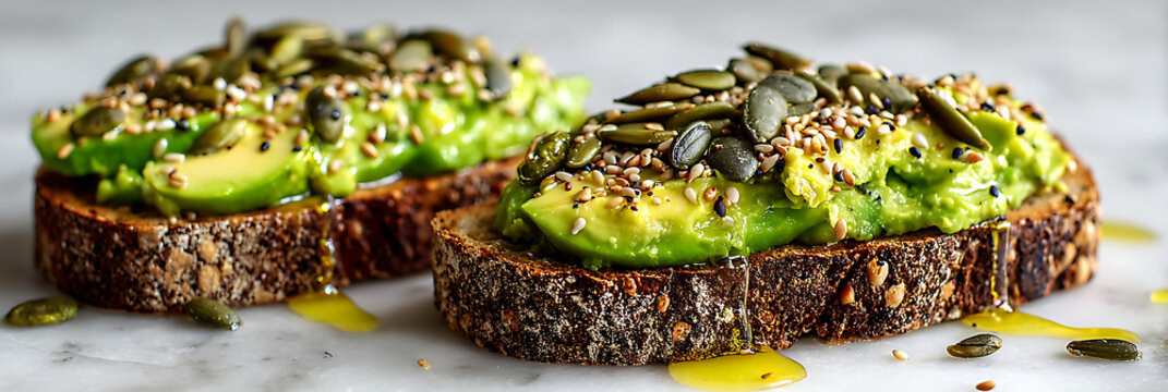 Healthy Gourmet Avocado Toast on Toasted Whole Grain Seeded Bread Topped with Crunchy Pumpkin Seeds Sesame Seeds and Extra Virgin Olive Oil Drizzle on Marble Surface