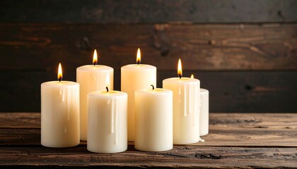 Group of lit candles on rustic wooden table with dark background