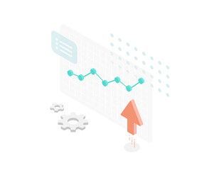 上昇グラフと上向き矢印のアイソメトリックなベクターイラスト (景気、賃金、業績UP)