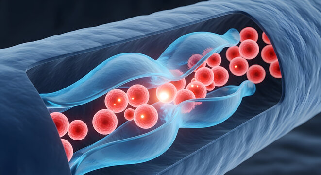 Close up microscopic view of red blood cells flowing through a transparent artery showing the vibrant circulation system and healthy blood flow within the human body