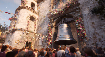 Obraz premium Church bells ring during Easter service with the congregation outside.