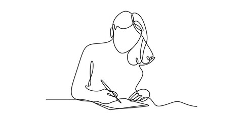 Continuous line drawing of a woman sitting at a desk and writing in a notebook. © Jotish_Design Store