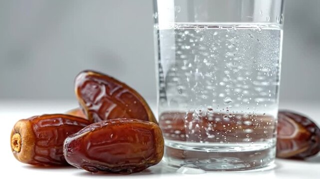 Dates and a glass of water on a white surface, viewed from the side, with a subtle gray background and transparent glass.