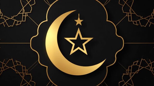 A golden crescent moon and star illustration on a black background with intricate geometric patterns and ornaments, viewed from directly above.