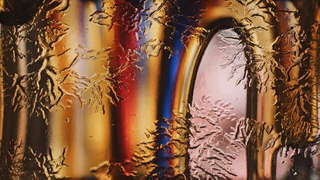 Intricate textured glass surface with abstract organic patterns refracting vibrant warm and cool colored light.