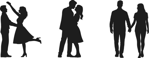 Large collection of black silhouettes featuring romantic couples dancing kissing and walking hand in hand isolated on white background for wedding and relationship concepts