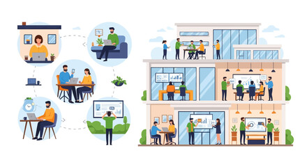 Fototapeta premium Hybrid Work Model: Remote and Office Teams Collaborating Seamlessly for Modern Business Productivity