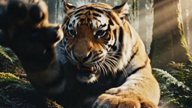 Majestic tiger leaping forward with intense gaze, rendered in photorealistic style, amidst lush forest with sunbeams filtering through the trees