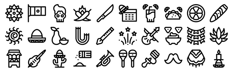 Fototapeta premium Set of 30 Cinco de Mayo thin line icons including dalia, chili pepper, violin, garland, tequila, maraca, cactus, avocado, Mexican hat, flag, skull and more cultural celebration elements