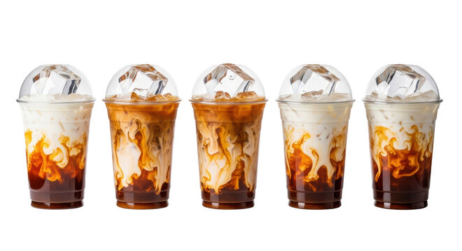 Six clear commercial cups of iced chai lattes featuring dynamic white milk swirls and geometric ice, displayed on a reflective white surface against a high-key background. Concept for beverage
