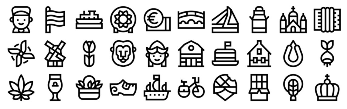 Set of 30 Holland Dutch culture thin line icons including windmill, clogs, tulip, bike, stroopwafel, traditional symbols in outline vector style