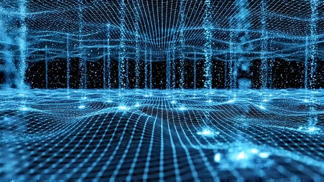 Abstract blue glowing wireframe grid undulating with luminous data particles across a dark digital landscape.