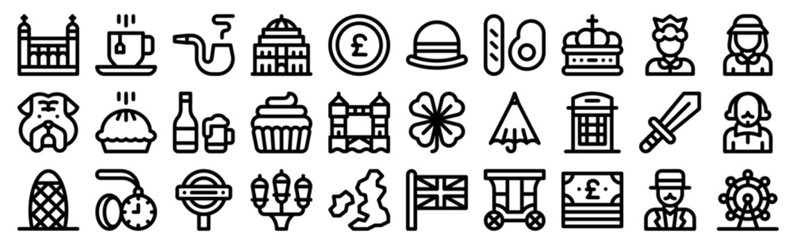 Set of 30 England thin line vector icons including Tower of London, Big Ben, royal symbols, British culture, landmarks, tea, umbrella, bulldog, crown, and traditional elements