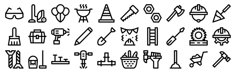 Fototapeta premium Set of 30 labor day thin line icons including construction tools, safety equipment, work instruments, industrial items. Editable stroke vector illustration pack