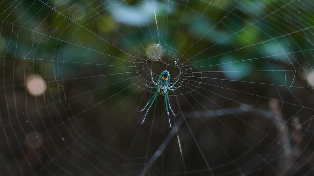 Cinematic close-up of a Green Orb-Weaver Spider intricately spinning its web with precision. Soft natural light creates a peaceful ambiance in this detailed, captivating macro shot.