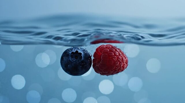Fresh blueberry and raspberry create splash in clear water with vibrant blue background