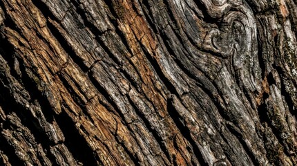 Fototapeta premium Close-up texture of weathered tree bark with deep grooves and a striking, natural pattern creating abstract organic shapes.