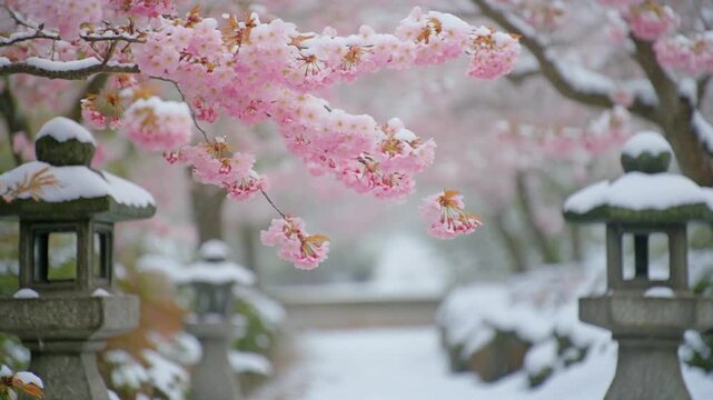 Snowy Japanese garden with pink cherry blossoms and stone lanterns on a winter day