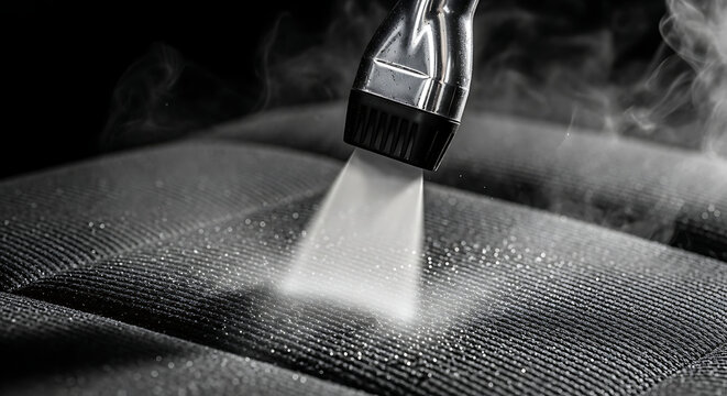 Professional Steam Cleaning of Car Interior Upholstery Close Up with High Pressure Vapor
