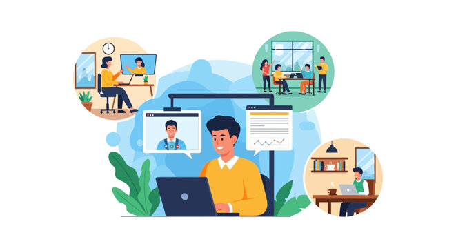 Modern Business Connectivity: Remote Work, Online Meetings & Team Collaboration. Hybrid Workplace Concept with Digital Communication.