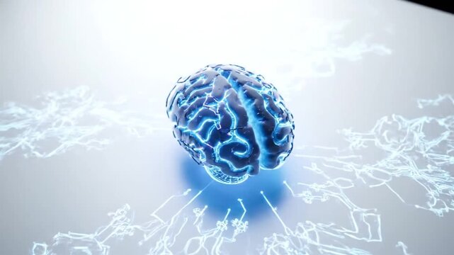 Artificial intelligence brain model glowing blue on white background with intricate circuitry and neural networks in a futuristic digital landscape view 
