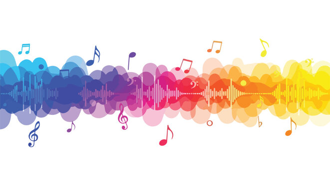 Colorful abstract design with soundwaves and musical notes
