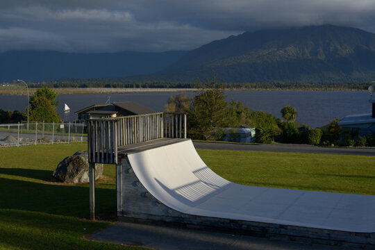 Skateboard ramp with Lake and mountains in the background