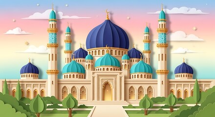 Majestic Mosque Illustration with Intricate Details and Vibrant Colors.