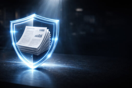 Stack of business documents enclosed in a glowing shield. Concept of data protection, document security, regulatory compliance, privacy, and secure information management.