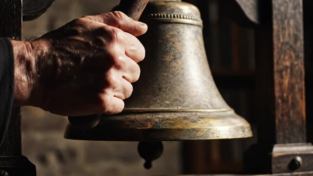 Close-up of a hand ringing an aged bronze bell in a dimly lit, atmospheric setting