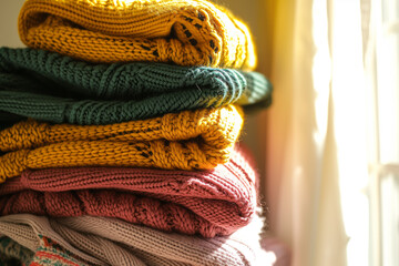 AI Image. Stack of folded colorful woolen fabrics