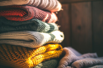 AI Image. Stack of folded colorful woolen fabrics