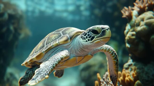 A detailed underwater shot of a sea turtle swimming towards the viewer, surrounded by coral