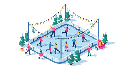 Fototapeta premium people ice skating on outdoor rink with Christmas lights hand drawn winter holiday illustration