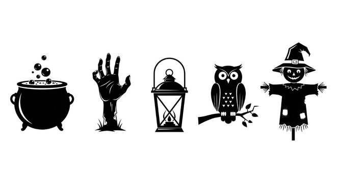 Set of Halloween themed black silhouette icons featuring witch cauldron, zombie hand, lantern, owl on branch, and scarecrow isolated on white background