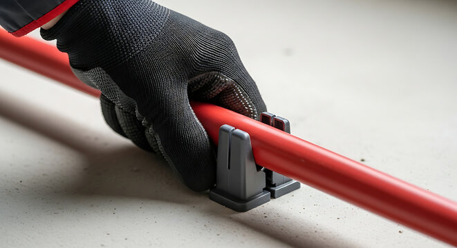 Professional Plumber Installing Underfloor Heating Red PEX Pipe into Plastic Support Clips