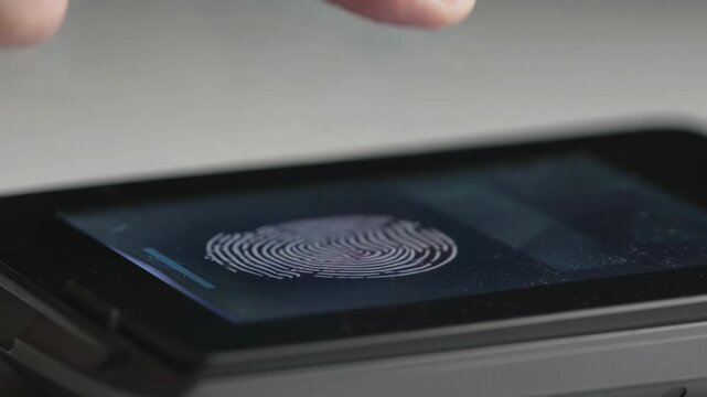 Close up of finger scanning fingerprint on smartphone screen, biometric authentication and mobile security concept.