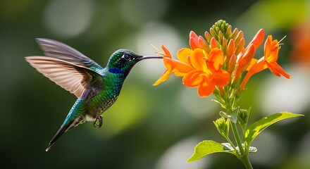 Fototapeta premium Brilliant iridescent hummingbird feeds from vibrant orange blossoms in bright natural light