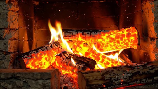 Burning logs in a stone fireplace