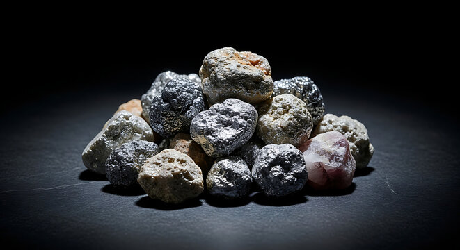 Close-up Pile of Raw Precious Metal Nuggets and Natural Gemstone Minerals on Black Background