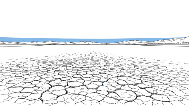 dry cracked desert ground illustration with distant mountain line art minimalistic style