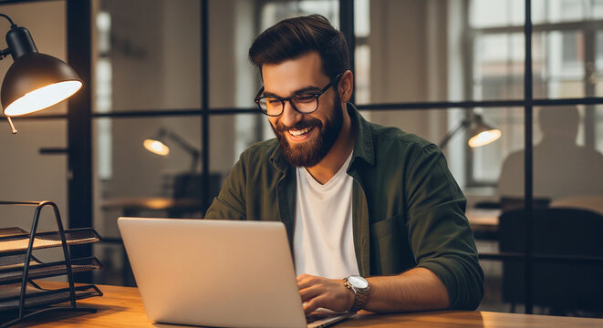 Happy professional man using a laptop in a cozy warm office perfect for online work startup entrepreneurship and digital career