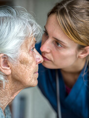 Healthcare Professional Assists Elderly Woman at Home Emotional Support Indoor Setting Close-Up Perspective Compassionate Connection